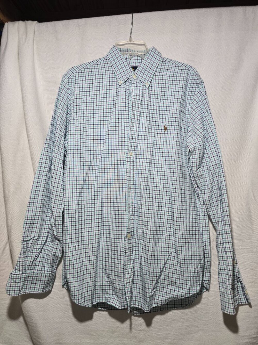 Ralph Lauren Men's Plaid Button Down Shirt SzL Teal Navy Check Long Sleeve EUC